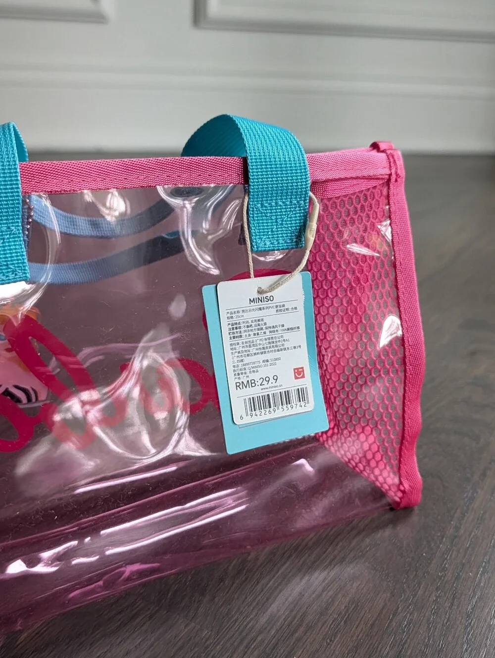 Barbie Pink Clear Tote Bag with Blue Handles